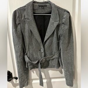 Haute Monde Black Silver Metallic Puff Sleeve Jacket Blazer With Belt